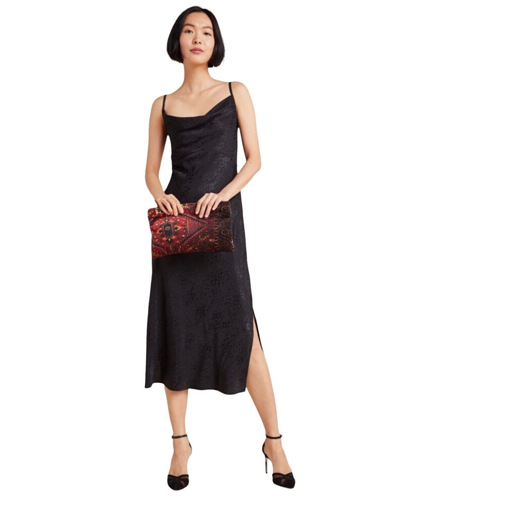 Anthropologie Midi Slip Dress Sz 2 Amelie Jacquard Cowl Neck Black Side Slit